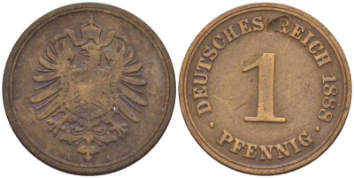 ГЕРМАНИЯ 1 ПФЕННИГ 1888 A, СТАРОГЕРБОВКА KM 1, J. 1, Weege 1 медь 206-1256