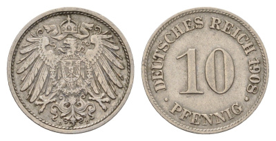 Германия 10 пфеннигов 1908 D, Вильгельм II (1888-1918) KM 12, J. 13 медно-никель 4636-911