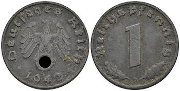 Германия 1 рейхспфенниг 1942 D, KM 97 цинк 96-322