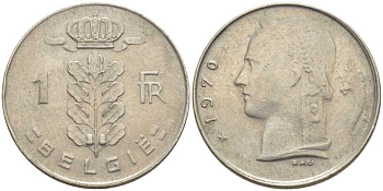 БЕЛЬГИЯ 1 ФРАНК 1970 BELGIE, БОДУЭН I (1951-1993) KM 143.1 медно-никель 119-626