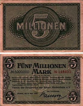 МЁРС, ГЕРМАНИЯ 5000000 МАРОК 1923 НОТГЕЛЬД, ЗЕМЛЯ СЕВЕРНЫЙ РЕЙН-ВЕСТФАЛИЯ, 8 СЕНТЯБРЯ 1923 ARNOLD KELLER 3592 d бумага 8518-45-3-2