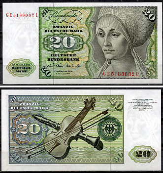 ФРГ 20 марок 1970 Эльсбет Тухер (Альбрехт Дюрер), скрипка, кларнет, буквы серии больше цифр Pick 32 a (2)  бумага  aUNC 451-916-3