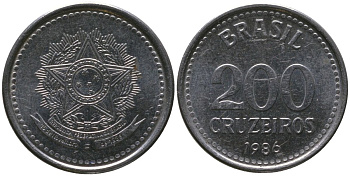 Бразилия 200 крузейро 1986 KM 596, Schon 105 нержавеющая сталь 4567-1026