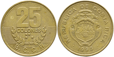 КОСТА-РИКА 25 КОЛОН 1995 B.C.C.R., ГОД ТИП KM 229 сталь плакированная латунью 57-421