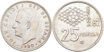 Испания 25 песет 1980 (80), чемпионат мира по футболу, Испания 82 KM 818 медно-никель 106-241