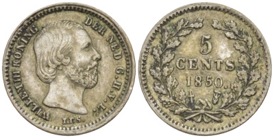 Нидерланды 5 центов 1850 Виллем III (1849-1890), точка после даты KM 91 серебро 66-1221