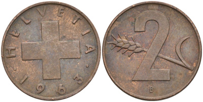 Швейцария 2 раппена 1963 В KM 47 бронза 4586-926