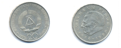 ГДР 20 марок 1972 А, Вильгельм Пик (1876-1960) KM 42 медно-никель 3333-344