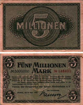 МЁРС, ГЕРМАНИЯ 5000000 МАРОК 1923 НОТГЕЛЬД, ЗЕМЛЯ СЕВЕРНЫЙ РЕЙН-ВЕСТФАЛИЯ, 8 СЕНТЯБРЯ 1923 ARNOLD KELLER 3592 d бумага 8518-45-3-2