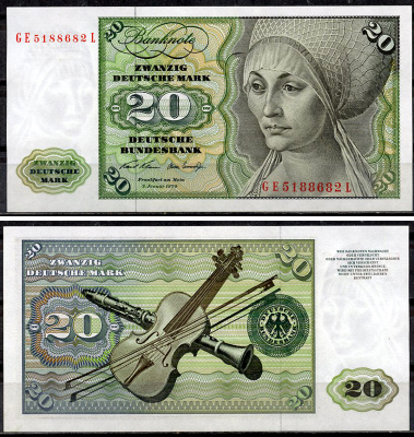 ФРГ 20 марок 1970 Эльсбет Тухер (Альбрехт Дюрер), скрипка, кларнет, буквы серии больше цифр Pick 32 a (2)  бумага  aUNC 451-916-3
