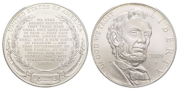 США 1 доллар 2009 P, 200 лет со дня рождения Авраама Линкольна KM 454 серебро  UNC  1079-5-62