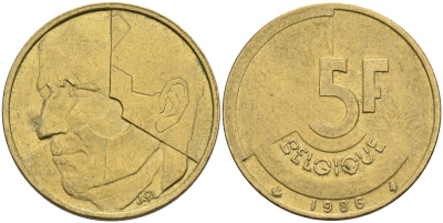 Бельгия 5 франков 1986 Belgique KM 163 алюминиевая бронза    4187-522