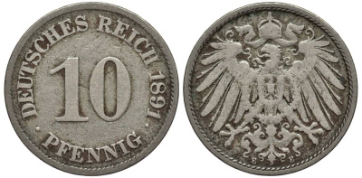 ГЕРМАНИЯ 10 ПФЕННИГОВ 1891 E KM 12, Jager 13, Weege 8 медно-никель 4513-711