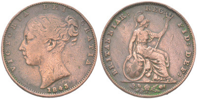 Великобритания 1 фартинг 1843 Виктория (1837-1901) KM 725, Spink 3950 медь 4613-411