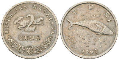 Хорватия 2 куна 1997 тунец, легенда на хорватском, самый редкий год выпуска KM 10 медь цинк никель 4448-1155