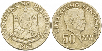 ФИЛИППИНЫ 50 СЕНТИМО 1967 МАРЧЕЛО ПИЛАР KM 200 медь цинк никель 77-712