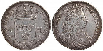 Швеция 4 марки 1695 Карл XI KM 296 серебро 00-000-00