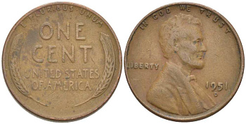 США 1 ЦЕНТ 1951 D, ЛИНКОЛЬН KM А132 медь цинк 218-557