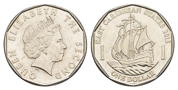 Восточные Карибские острова (Карибы) 1 доллар 2015 KM 39a сталь плакированная никелем 4646-246