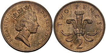 Великобритания 2 пенса 1985 Елизавета II (1952-2022) KM 936, Spink 4376 (C3) бронза 4381-1031