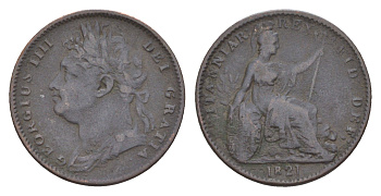 Великобритания 1 фартинг 1821 Георг IV (1820-1830) KM 677, Spink 3822 бронза 4658-865