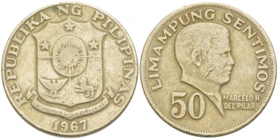 ФИЛИППИНЫ 50 СЕНТИМО 1967 МАРЧЕЛО ПИЛАР KM 200 медь цинк никель 77-712