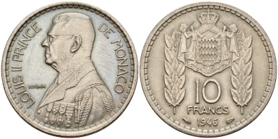 Монако 10 франков 1946 Луи II (1922-1949) KM 123 медно-никель  aUNC 4595-225