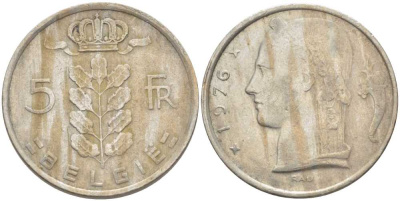 БЕЛЬГИЯ 5 ФРАНКОВ 1976 BELGIE, БОДУЭН I (1951-1993) KM 135.1 медно-никель 119-837