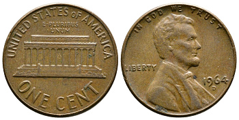 США 1 цент 1964 D, Авраам Линкольн KM 201 медь цинк 3458-128