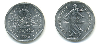 ФРАНЦИЯ 2 ФРАНКА 1979 СЕЯТЕЛЬ KM 942.1, LE FRANC 272.3 никель 57-437