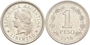 Аргентина 1 песо 1958 голова свободы влево KM 57 сталь плакированная никелем 4529-521