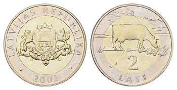 Латвия 2 лата 2003 корова KM 38 биметалл BU 4678-333