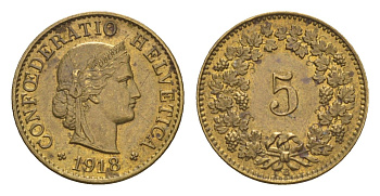 Швейцария 5 раппенов 1918 год-тип KM 26a латунь aUNC 1520-815