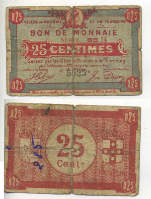 ФРАНЦИЯ 25 САНТИМОВ ND РЕГИОНАЛЬНЫЙ БОН ГОРОДОВ РУБЭ И ТУРКУЭН бумага 7552-29-1-1