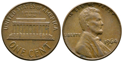 США 1 цент 1964 D, Авраам Линкольн KM 201 медь цинк 3458-128