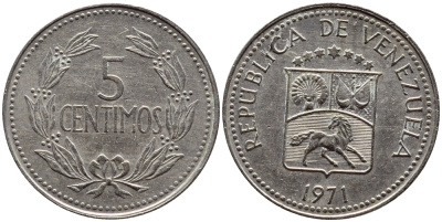 Венесуэла 5 сентимо 1971 KM 38.3 медно-никель 4392-931