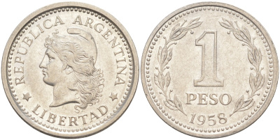 Аргентина 1 песо 1958 голова свободы влево KM 57 сталь плакированная никелем 4529-521