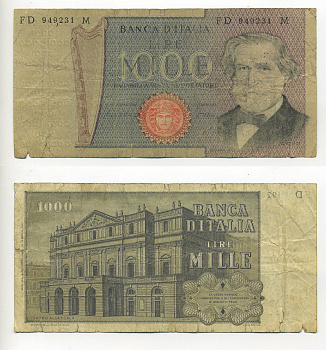 Италия 1000 лир 1975 Джузеппе Верди, Милан Ла Скала Pick 101 бумага 7203-58-2