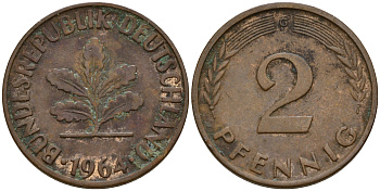 ФРГ 2 пфеннига 1964 F J.381  KM 106 бронза    4598-735
