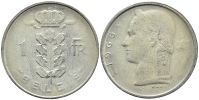 БЕЛЬГИЯ 1 ФРАНК 1965 BELGIE KM 143.1 медно-никель 4388-734