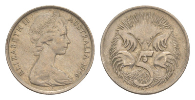 Австралия 5 центов 1966 Елизавета II (1952-2022) молодой портрет, ехидна KM 64 медно-никель 4151-162