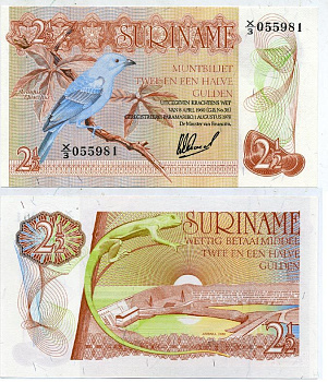 СУРИНАМ 2 1/2 ГУЛЬДЕНА 1978 1 АВГУСТА 1978, ПТИЧКА НА ВЕТКЕ, ДАМБА Pick 118b бумага UNC (ПРЕСС) 7484-72-2