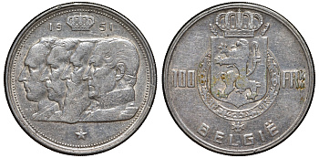 Бельгия 100 франков 1951 Belgie, королевская династия KM 139.1 серебро    1530-632