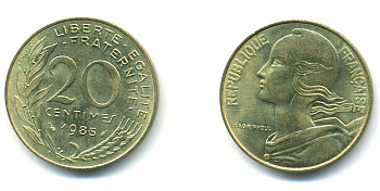 Франция 20 сантимов 1984 тип Marianne KM 930, Le Franс 156.24 медь алюминий никель 25-235