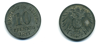 ГЕРМАНИЯ 10 ПФЕННИГОВ 1917 KM 26, J. 299 цинк 54-465