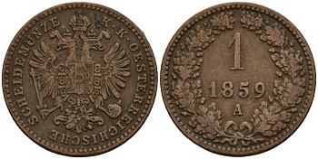 Австрия 1 крейцер 1859 A, Франц Иосиф I (1848-1916) KM 2186 медь 4154-831