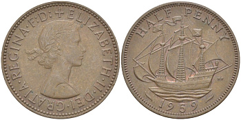 Великобритания 1/2 пенни 1959 Елизавета II (1952-2022) KM 896, Spink 4158 бронза 4544-116