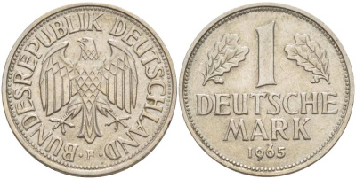 ФРГ 1 МАРКА 1965 F KM 110, J. 385 медно-никель 4551-1246