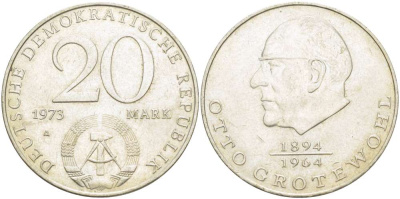 ГДР 20 марок 1973 А, Отто Гротеволь (1894-1964) KM 47 медно-никель 4521-542