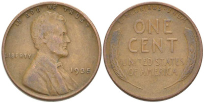США 1 ЦЕНТ 1935 ЛИНКОЛЬН KM 132 бронза 3309-427